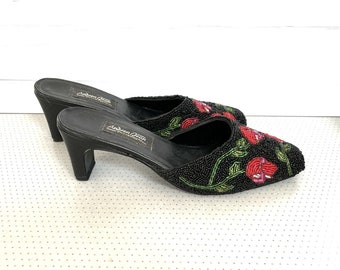 Vintage Andrea Jean for ColorWerks Slide Shoes Black Beaded Floral Flowers Square Toe Size 8 Heel 2 1/2"