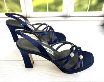 Vintage Caparro Shoes Heels Navy Blue Satin Strappy Rhinestones Size 7 1/2 Heel 3 1/2"