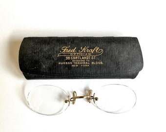 Vintage Historic Pince Nez Spectacles Eyeglasses Fred Kraft Case Hudson Terminal Buildings New York
