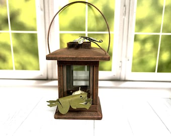 Vintage Lantern with Frog and Dragonfly Candle Rustic Removable Handle