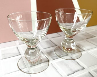 Vintage Martini Glasses 2 Ball Base Bottom Clear Blown Glass 1950s Retro Mid-Century Barware