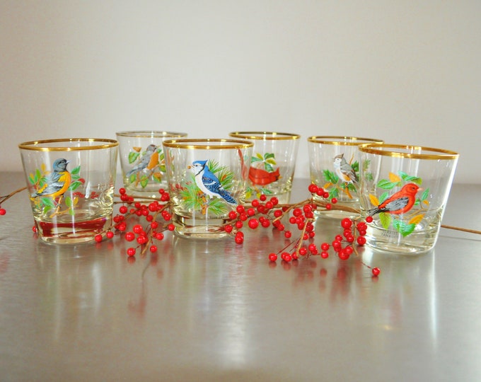 Vintage Bird Drinking Glasses 6 Rocks Hand Painted Orvis Cardinal Blue