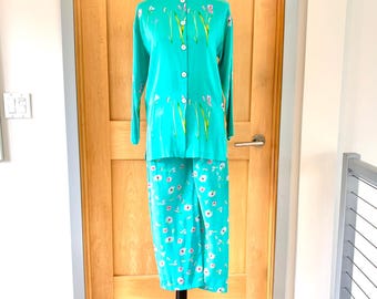 Women’s Tunic Pants Set Aqua Dressy Nira Nira Floral Size S Vintage