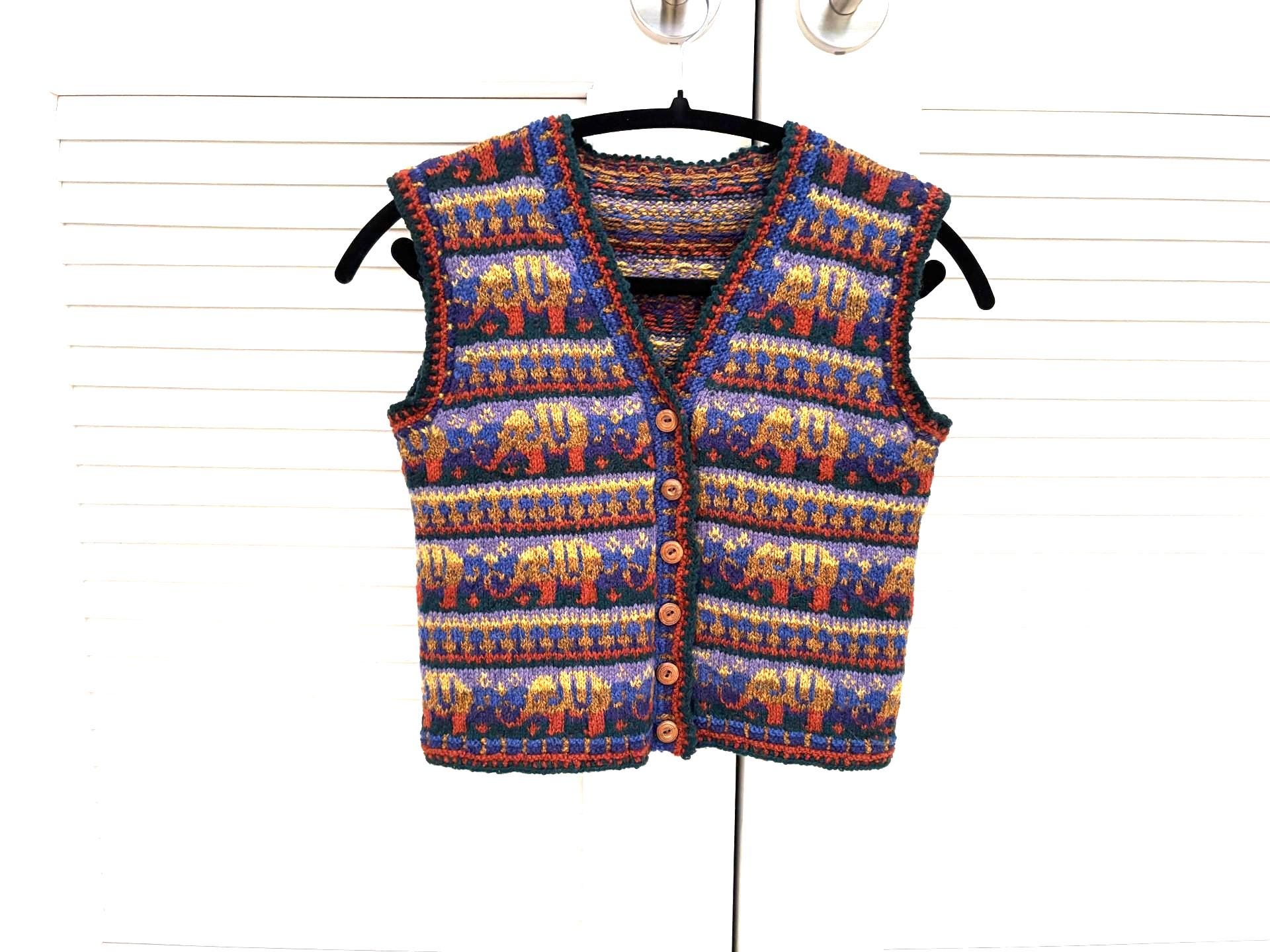 Child's Sweater Vest Hand Knit Fair Isle Elephant Fair Isle Shetland Wool Youth Size Vintage (*see measurements in description)