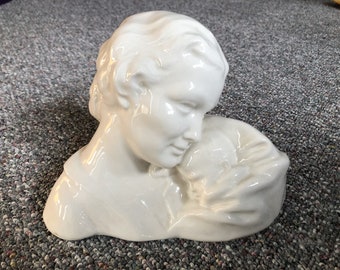 Vintage Slip Poured Mother and Baby Child Bust Statue White Ceramic Glossy