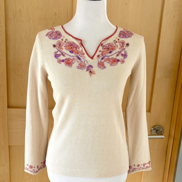 Vintage Sigrid Olsen Sport Pullover Top Sweater Beaded Ecru Size Small