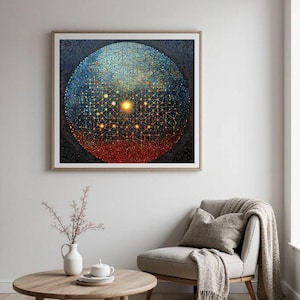 May include: A framed abstract art print featuring a circular design with a gradient of colors. The artwork transitions from a deep red at the bottom to a blue and gold pattern at the top, with a central bright yellow starburst.