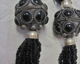 SALE Ethnic Necklace Black Seed Beads Multi Strand Huge Hand Crafted Silver Beads with Stones 25" Long Tribal India