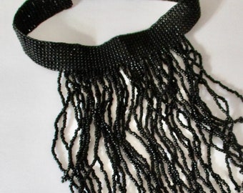 Goth Black Choker with LONG Fringe Vintage Seed Bead Statement Bib Choker 11" Long Fringe in Center Art Deco Gatsby Showgirl Punk