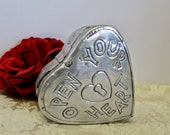 Heart Box Trinket Box Jewelry Box Outsider Art Brutalist Hammered Silver Metal on Wood OPEN YOUR HEART Lock Keys Lined Gift Box Treasure Box