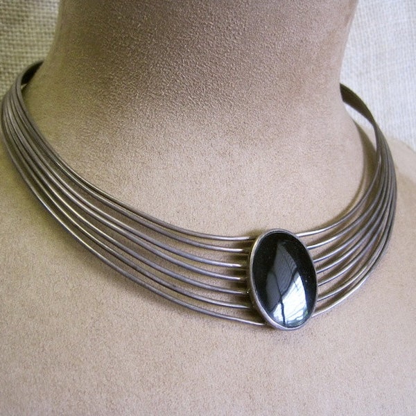 Sterling Silver Wire Choker Black Onyx Artisan Art Deco Rocker Biker Goth Chic