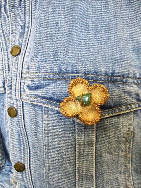 Four Leaf Clover Brooch Vintage LUCKY JADE Oversi… - image 1