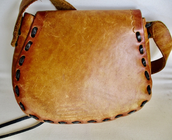 60s-70s All Leather Hand Crafted Shoulder Bag Hip… - image 6