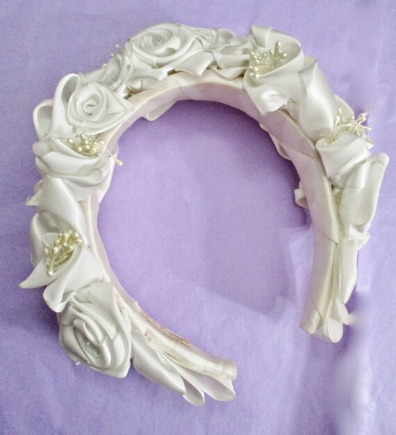 SALE White Satin Roses Headband Bridal All White … - image 3