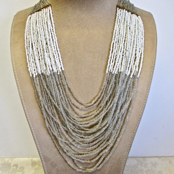 Vintage 70s Seed Bead Multi Strand Necklace: Boho Glam Statement White Gold Silver