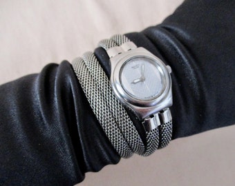 SWATCH Irony Womens Double Wrap Watch Silver Tone Bracelet Watch 1999 Quartz Swiss Swatch Watch Modernist Wrap Around Metal Mesh Strap