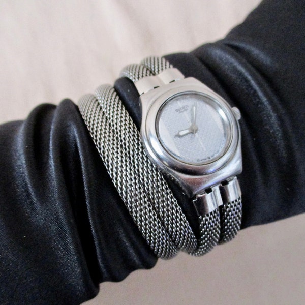 SWATCH Irony Womens Double Wrap Watch Silver Tone Bracelet Watch 1999 Quartz Swiss Swatch Watch Modernist Wrap Around Metal Mesh Strap