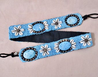 Vintage Tribal Cowrie Shells Beaded Belt With Turquoise  display picture 1