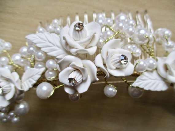 Porcelain ROSES Bridal Comb WHITE Floral Tiara Ha… - image 2