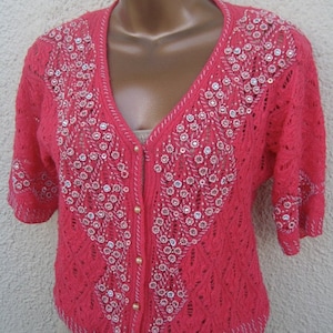 SALE 50s Beaded Sweater Pink Crochet Cardigan Short Sleeves Made in Italy Pearls Crystals Coquette Sexy Secretary Pin Up Girl Kawaii