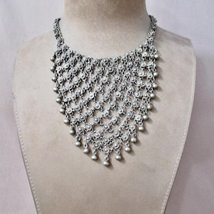 Belly Dancer Bib Necklace Vintage Tribal Chainmaille Mesh Necklace Goth Renaissance Boho Hippie Silver Statement