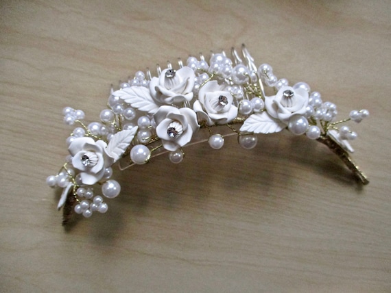 Porcelain ROSES Bridal Comb WHITE Floral Tiara Ha… - image 1