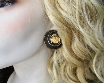 Vintage Nautical Earrings Oversized Round Gold Crest Black Grosgrain Ribbon Resort Statement