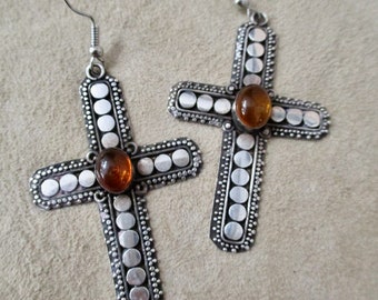 Sterling Silver Cross Earrings Amber Stones Vintage Cross Dangles Gothic BEAUTIES Goth Earrings Sterling Boho GREAT Mother's Day GIFT