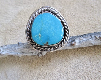 SALE, ONLY 1 Left, Vintage Turquoise Ring SIZE 6, Navajo, Blue Freeform Shape Sterling Silver 10 Grams Tribal Native American Statement Ring