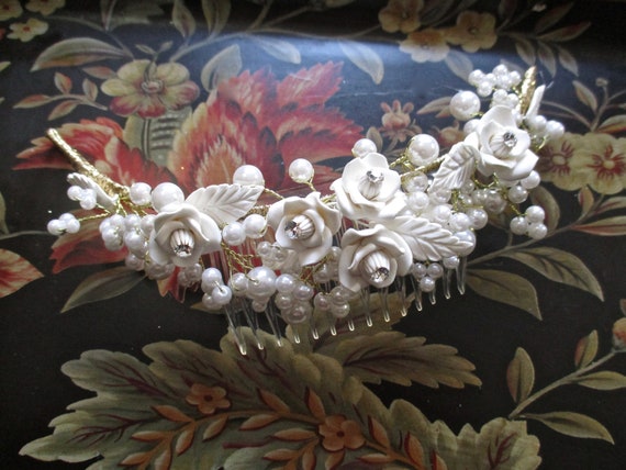 Porcelain ROSES Bridal Comb WHITE Floral Tiara Ha… - image 7