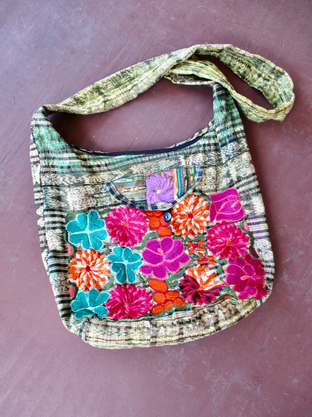 LARGE Vintage Embroidered Bag Crossbody Fabric Tote Bright Applique