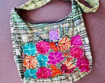 LARGE Vintage Embroidered Bag Crossbody Fabric Tote Bright Applique Flowers Boho Hippie Guatamalan Bag with Zipper