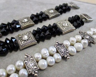 Vintage Jet Glass Beaded Bracelet 7 1/2" ONLY LEFT Art Deco Silver Rhinestones