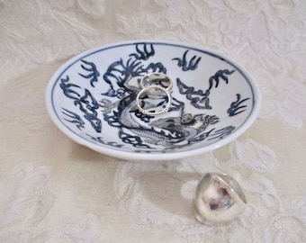 Porcelain Trinket Dish DRAGON Ring Dish Vintage Chinoiserie Teabag Plate Dark Blue White China Stamped Hong Kong Souvenir Collectible