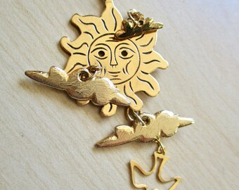 Kirks Folly Necklace Altered Vintage Repurposed Gold Sun with Dangling Articulated Clouds Soaring Bird SIGNED Vintage One of a Kind