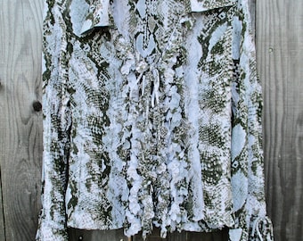 Vintage Semi-Sheer Blouse SNAKE PRINT with Heart Ruffles by Violet and Claire SIZE Small Long Sleeves Button Front Floaty Ruffled Heart Trim