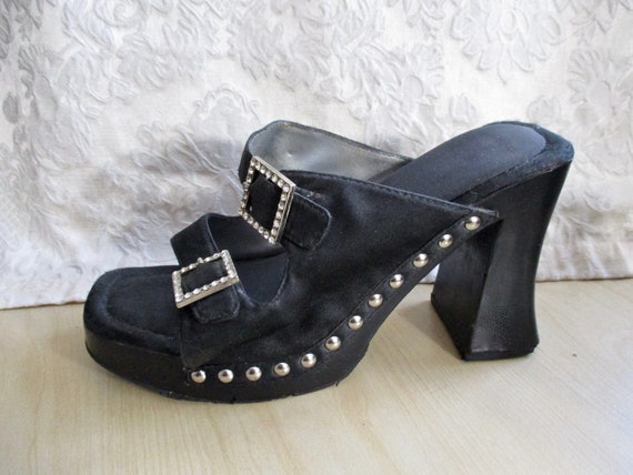 90s Platform Shoes Silver Studs Satin Slides 2 Str