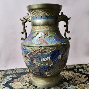 Antique Japanese Brass Champleve Vase Enamel Dragons Birds Vintage Asian Art