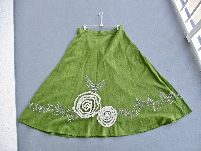 SALE Green Skirt White Beaded Floral Design Faith Resort Wear Flared Mid Calf Midi Skirt Medium Folk Ethnic Costume Malaysia Cotton Linen