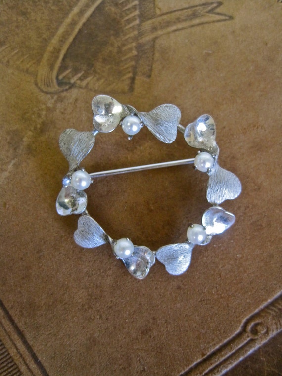 SALE Sterling Silver Circle Pin Pearls and Bows Vi