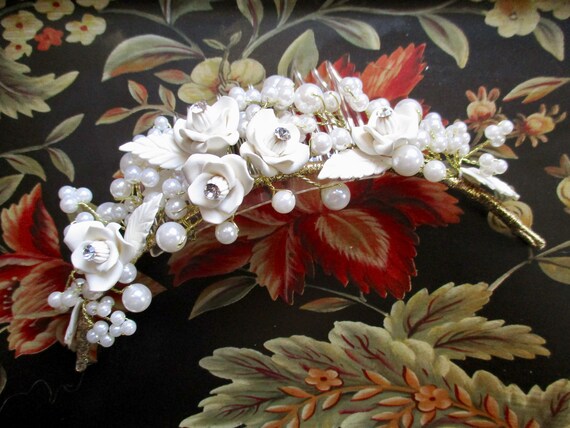 Porcelain ROSES Bridal Comb WHITE Floral Tiara Ha… - image 3