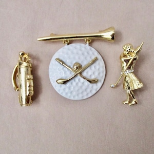 Golf Brooches CHOICE of 1: AJC White Enamel Golf Ball Tee , Gold Woman Golfer Swinging or Golf Bag Vintage 80s Collectibles Signed