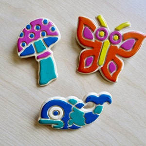 Mod Brooch CHOICE of 1: 60s Butterfly, Mushroom or Whale Fish Hippie Chick Psychedelic Boho Flower Power Fun Oversized Colorful Collectible