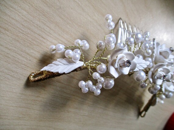 Porcelain ROSES Bridal Comb WHITE Floral Tiara Ha… - image 9