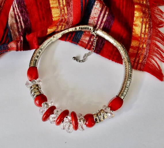 Glam Choker Silver Red Necklace Clear Sparkling C… - image 3