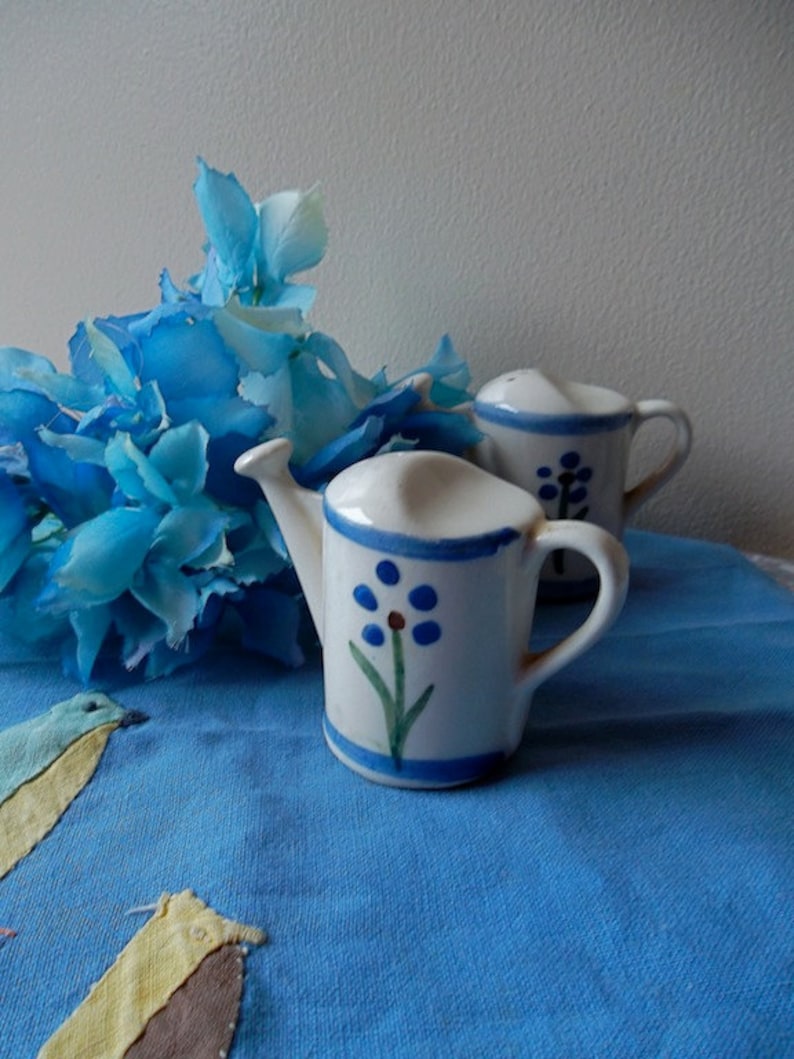 Salt and Pepper Shakers WATERING CANS Vintage Mid Century 50s Collectible Set with Blue Flowers Gardening Gift