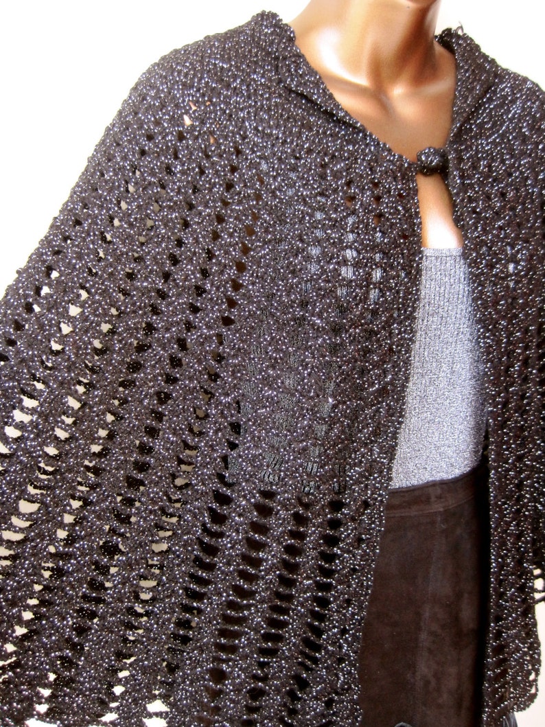 Short Cape Black Crochet Sparkle Capelet Poncho Boho Hippie Festival Witchy Coverup Hand Knit Black Silver Metallic Yarn Vintage 70s image 1