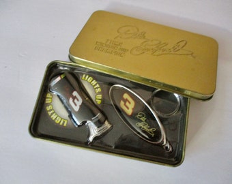 Vintage Dale Earnhardt #3 Nascar GIFT SET Chrome Key Chain and Light up Lighter in Collectible Tin Fathers Day Gift