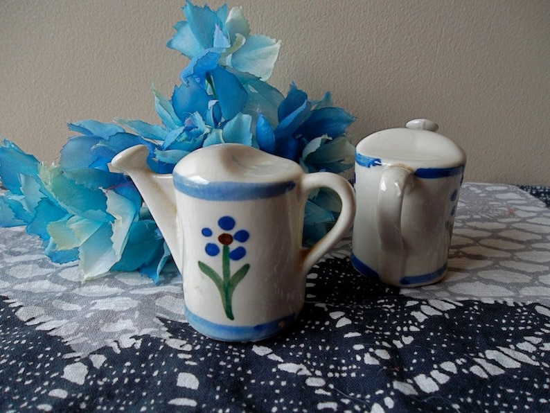 Salt and Pepper Shakers WATERING CANS Vintage Mid Century 50s Collectible Set with Blue Flowers Gardening Gift
