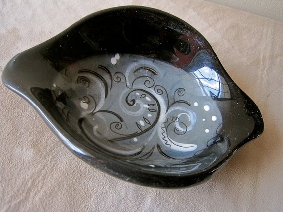 SALE Sascha Brastoff Bowl Ceramic Candy Dish Vintage 50s Rare Collectible  Mid Century Moderne Modernist Abstract Swirls Black Gray 
